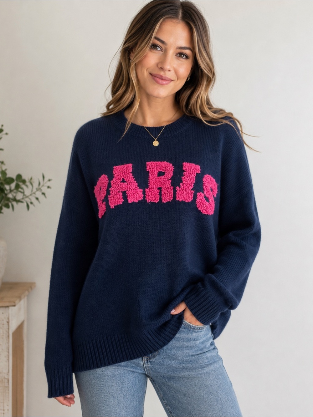 Express Paris Sweater Navy Blue Hot Pink Fuzzy Graphic Knit Pullover Size M